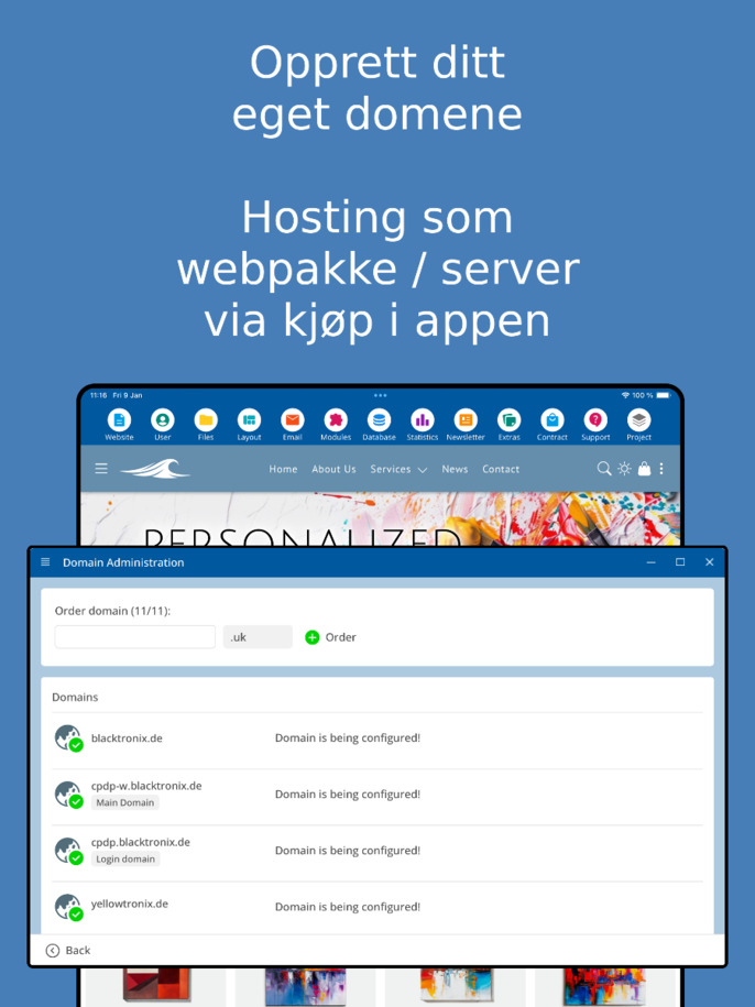 Domeneforvaltning i appen – nettbrett skjermbilde
